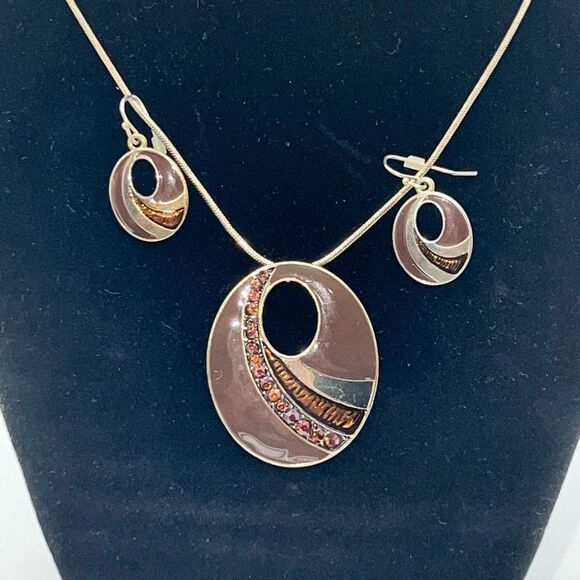 Vintage 80s Modernist Enamel and Rhinestone Necklace & Earring Set - Picture 1 of 8